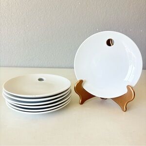 Set of 7 Crate and Barrel White Porcelain 6" Appetizer Bread Plates with Hole